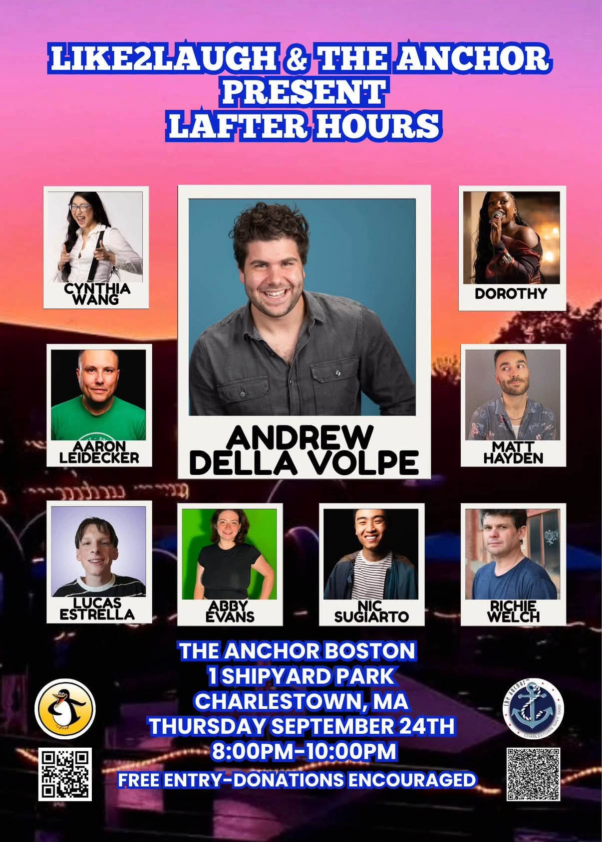 Flyer for Lafter Hours at The Anchor in Charlestown, MA